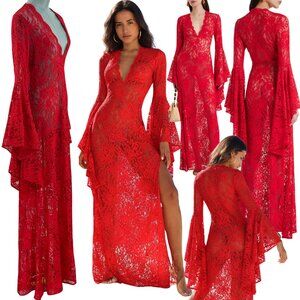 🆕 ALEXANDRA MIRO 🧿 NWOT Kara Long Boylen Sleeve Kaftan, Red Lace - Sz S